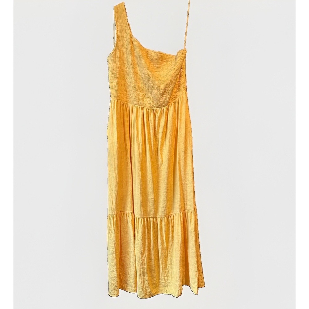 Nine West Womens One Shoulder Smocked Tiered Midi Dress Yellow XL 137125